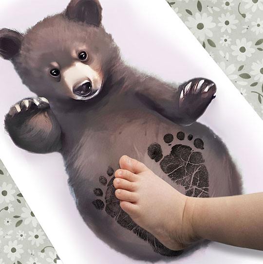 Baby Bear Cub on Pink Background, Baby Feet Ink Stamp Kit