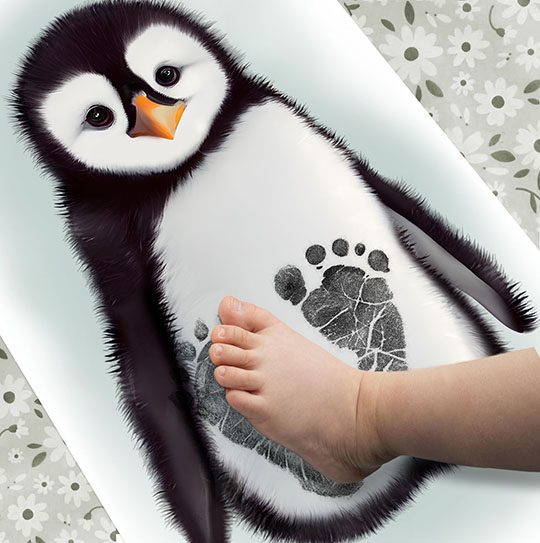 Baby Penguin on Teal Background, Baby Feet Ink Stamp Kit