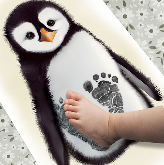 Baby Penguin on Yellow Background, Baby Feet Ink Stamp Kit